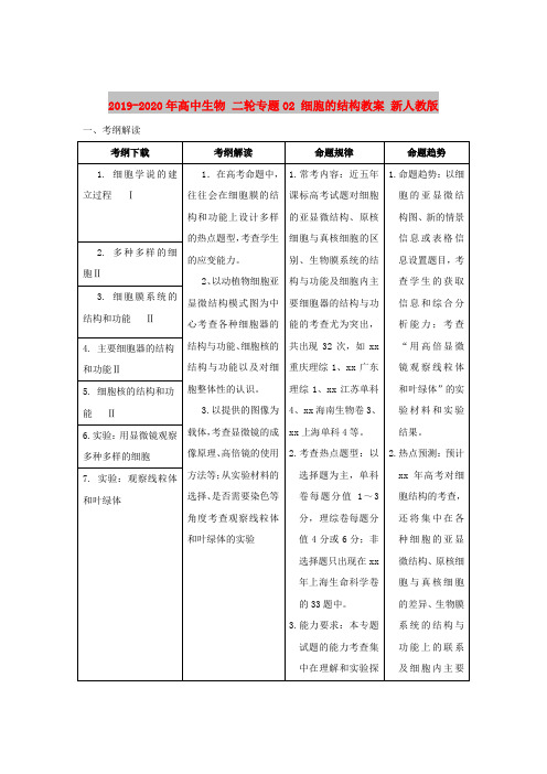 2019-2020年高中生物 二轮专题02 细胞的结构教案 新人教版