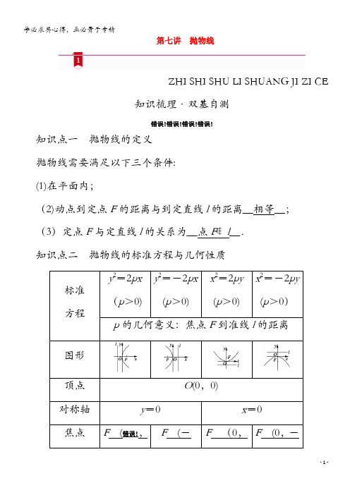 山东专用2021版高考数学一轮复习第八章解析几何第七讲抛物线学案含解析