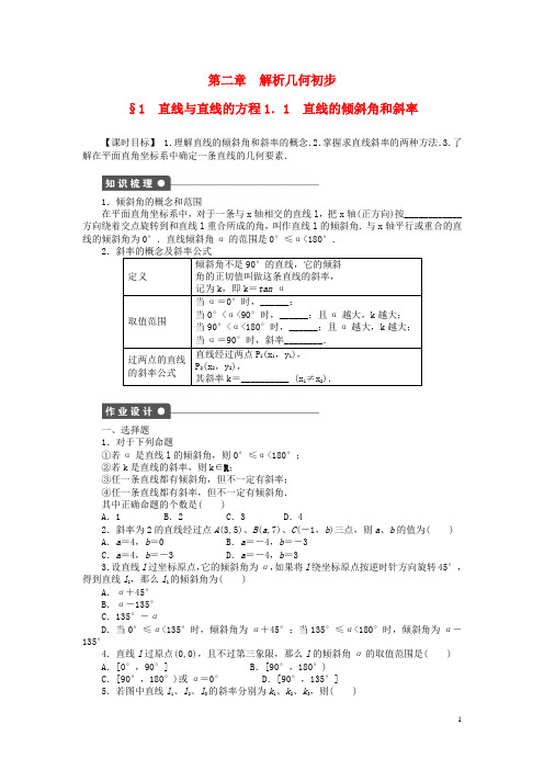 高中数学 2.1.1 直线的倾斜角和斜率课时作业 北师大版必修2