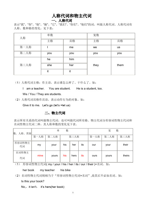 人教版初中英语人称代词和物主代词的表格及练习题