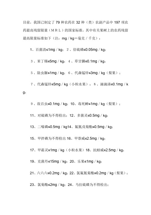 中国农药残留 果树 MRLs