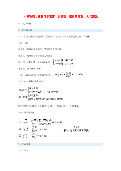 中考物理专题复习学案第十讲压强、液体的压强、大气压强