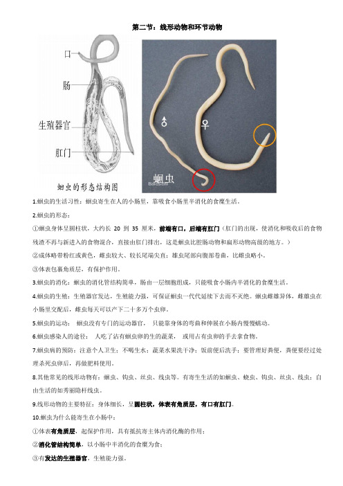 2019年人教版八年级上册生物5.1.2第二节：线形动物和环节动物讲义和练习(含答案)