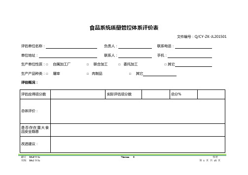 屠宰肉制品加工质量管控体系评价表