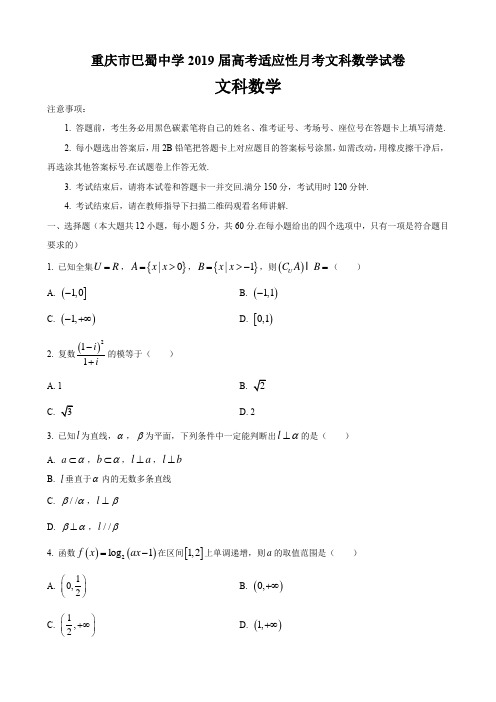 重庆市巴蜀中学2019届高考适应性月考文科数学试卷及参考答案(11页)