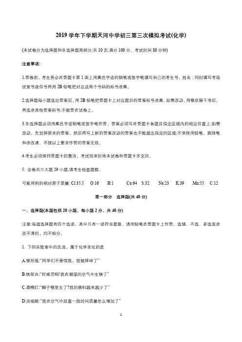 广东省广州市天河区天河中学2020年中考第三次模拟考试化学试卷