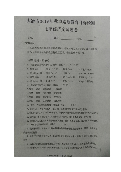 湖北省黄石市大冶市2019-2020七年级语文上学期期末考试.pdf