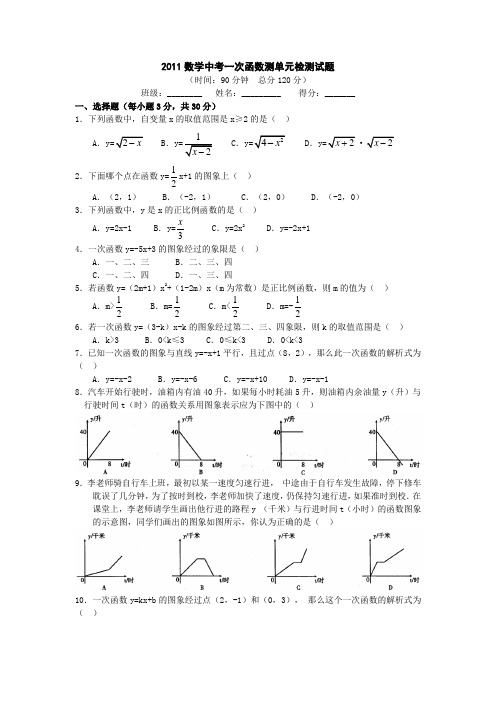 2011数学中考一次函数测单元检测试题
