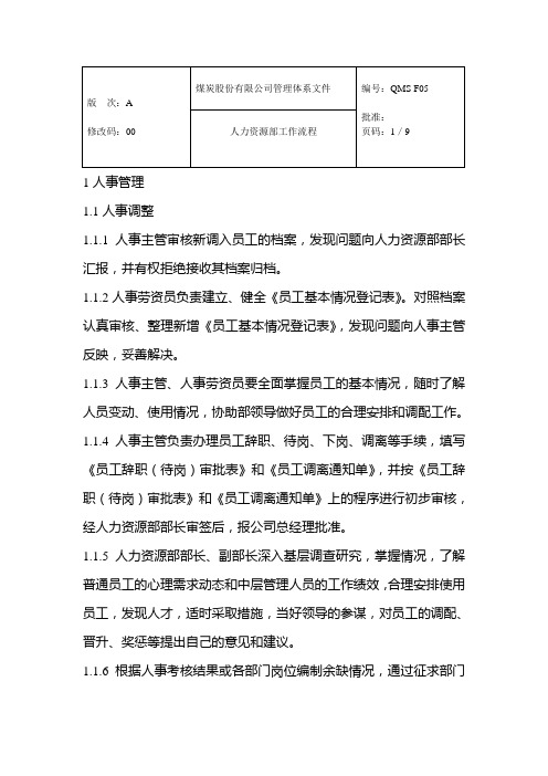 煤炭集团人力资源部工作流程