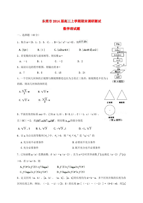 广东省东莞市高三数学上学期期末调研测试试题 理 新人教A版