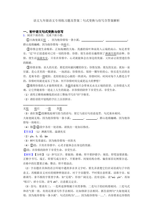 语文九年级语文专项练习题及答案∶句式变换与仿写含答案解析