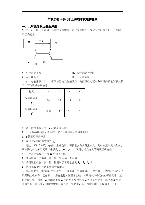 广东实验中学化学初三化学上册期末试题和答案