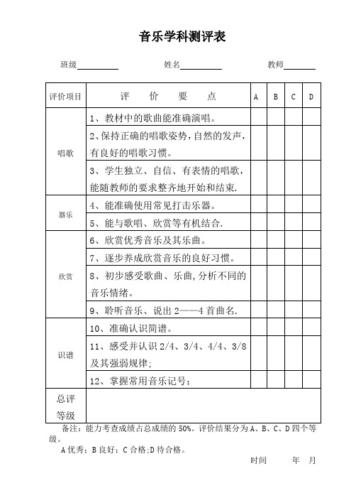 音乐课学生成绩评价表