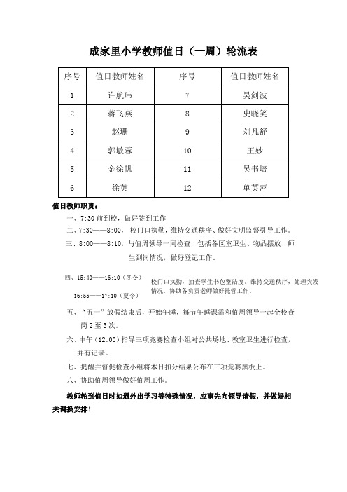 成家里小学教师值日轮流表