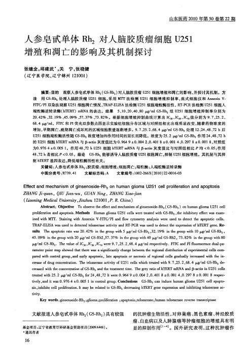 人参皂甙单体Rh2对人脑胶质瘤细胞U251增殖和凋亡的影响及其机制探讨