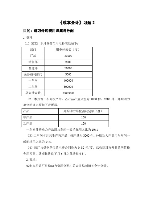 财务管理2012级《成本会计》习题2：外购动力费用的归集与分配