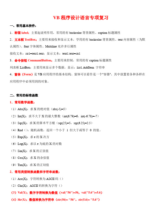 VB程序设计语言专项复习知识点