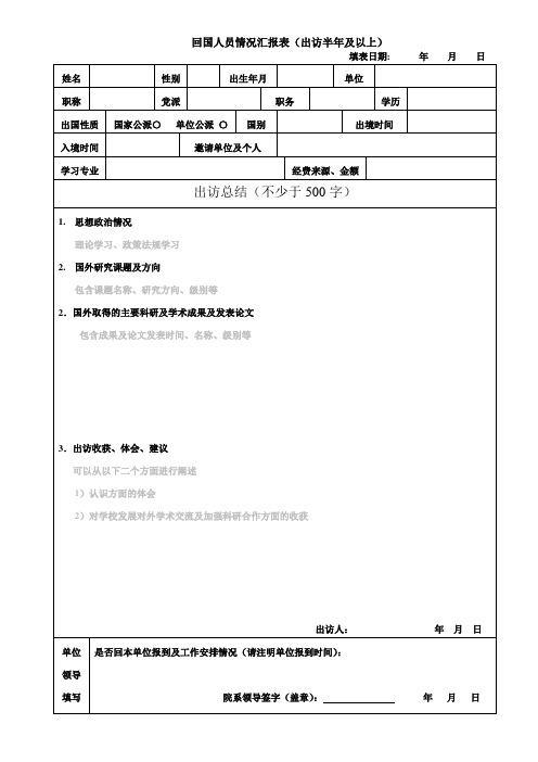 回国人员情况汇报表(出访半年及以上)