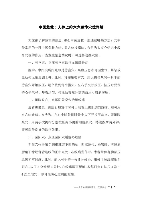 中医急救：人体上的六大救命穴位详解