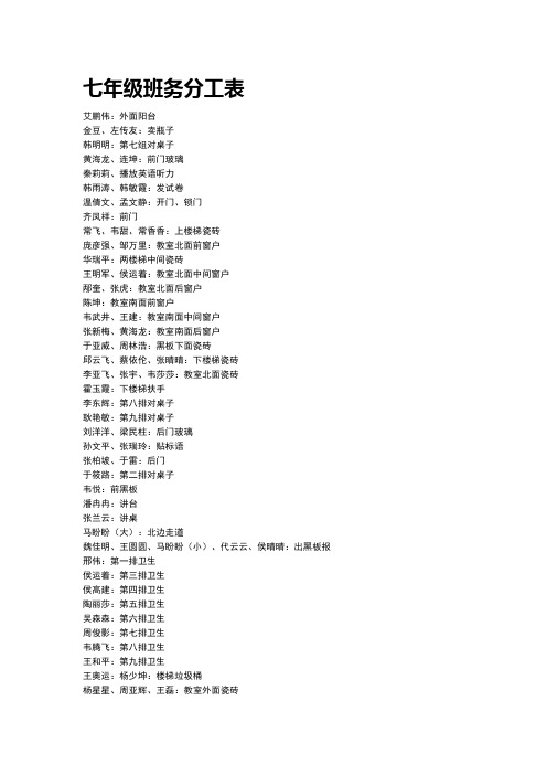 七年级班务分工表
