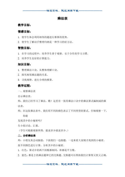 (沪教版)二年级数学上册教案 乘法表word版