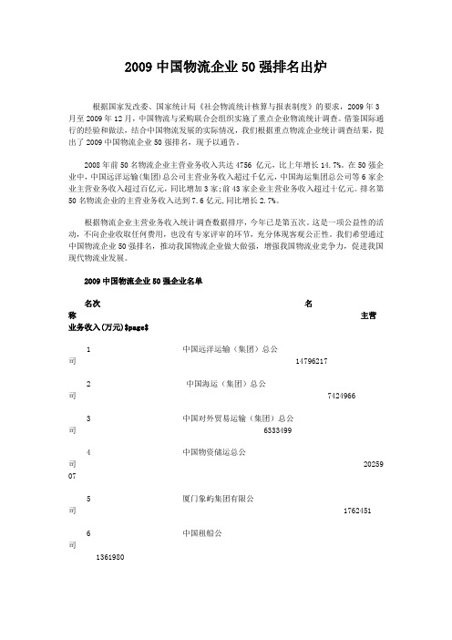 2009年中国物流企业50强排序名单
