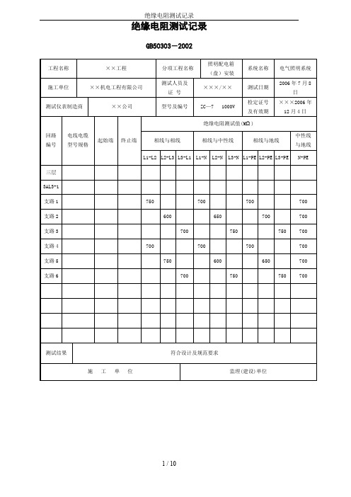 绝缘电阻测试记录