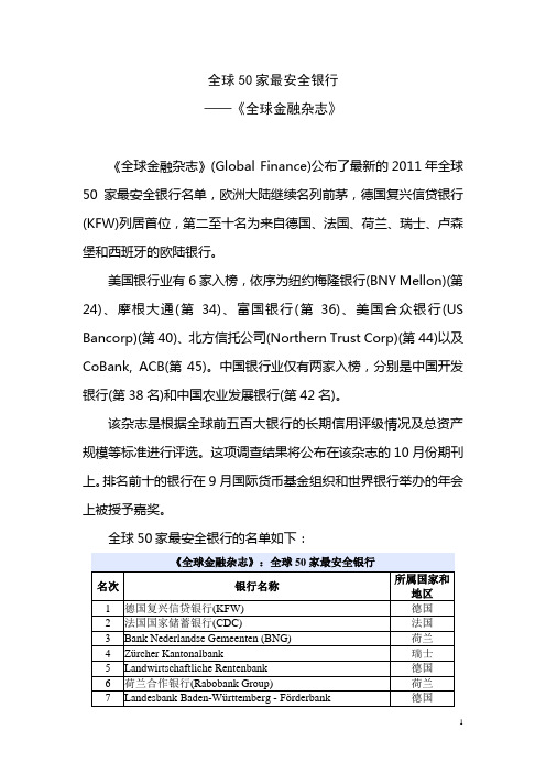 全球50家最安全银行