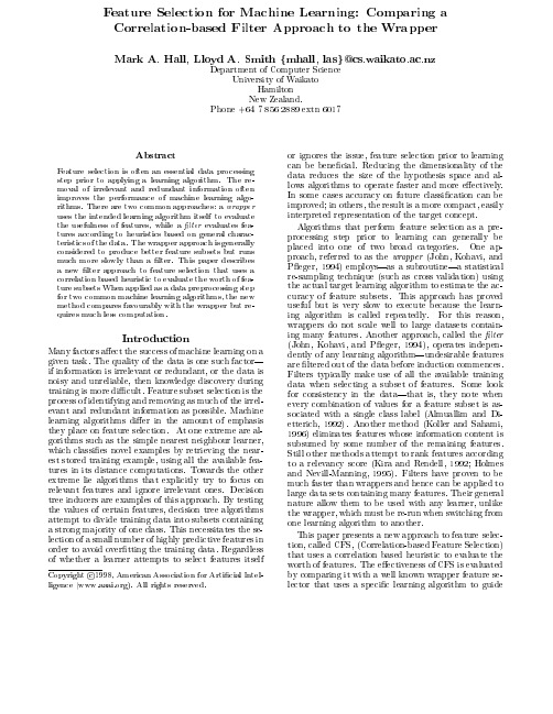 Feature Selection for Machine Learning Comparing a Correlation-based Filter Approach to the