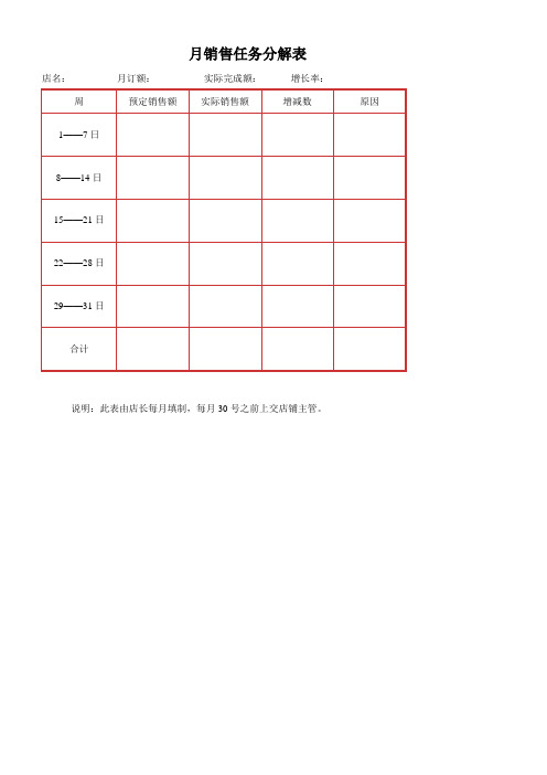 月销售任务分解表