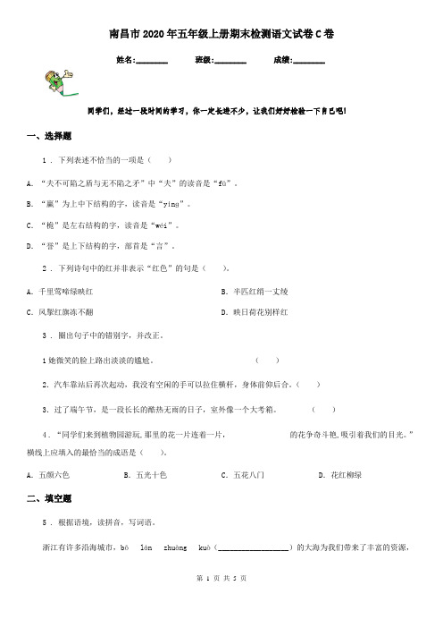 南昌市2020年五年级上册期末检测语文试卷C卷