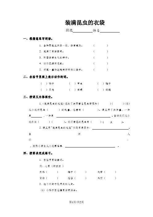 (苏教版)五年级语文上册《装满昆虫的衣袋》课课练(无答案)