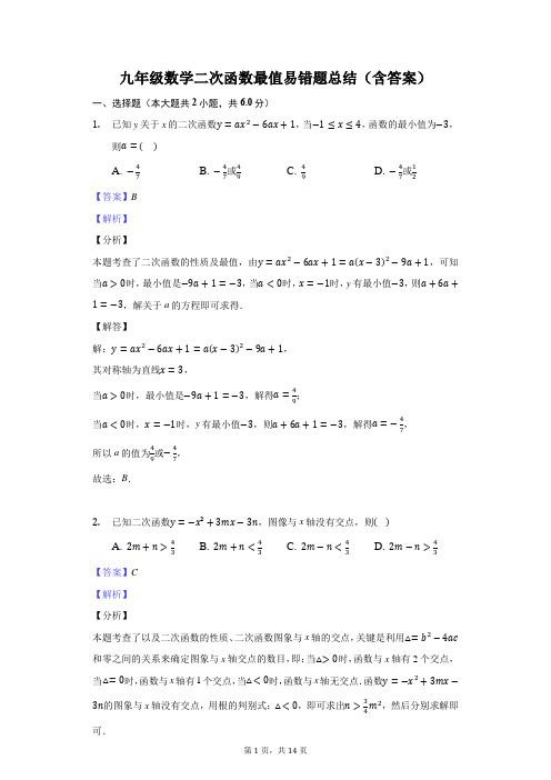 九年级数学二次函数最值易错题总结(含答案)