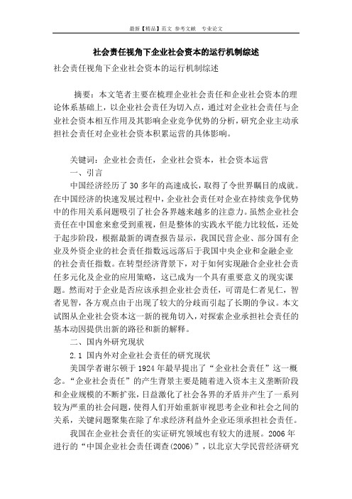 社会责任视角下企业社会资本的运行机制综述
