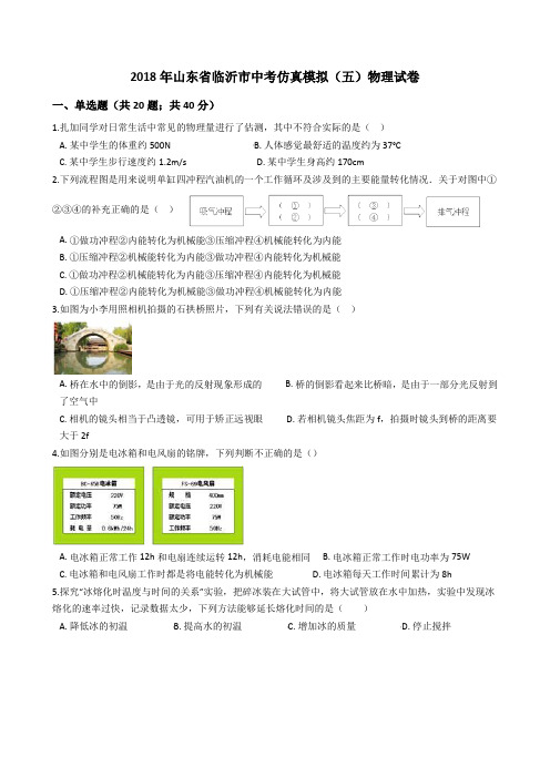 2018年山东省临沂市中考仿真模拟(五)物理试卷及答案
