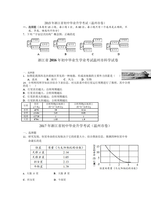 2015-2020浙江温州市中考科学考试试题- 选择题 - 地理(有答案)