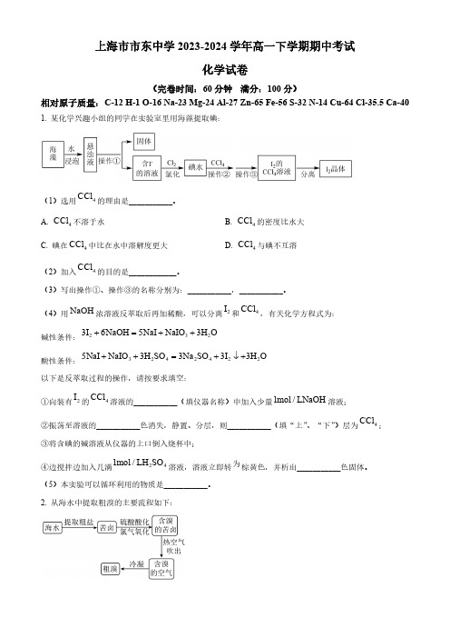 上海市市东实验学校(上海市市东中学)2023-2024学年高一下学期期中考试化学试题(含答案)