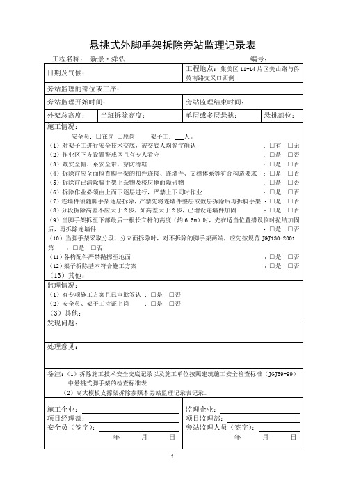 悬挑外脚手架拆除旁站监理记录表