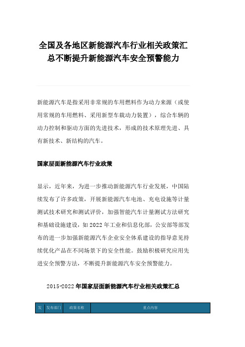 全国及各地区新能源汽车行业相关政策汇总不断提升新能源汽车安全预警能力