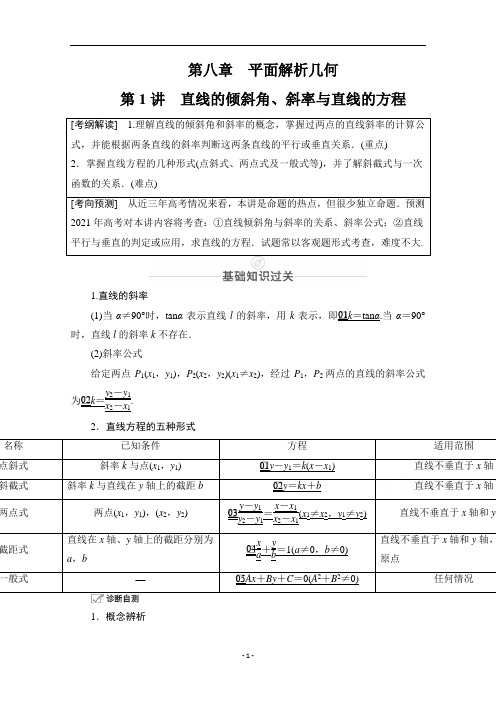 山东高考数学一轮总复习教学案设计参考-直线的倾斜角、斜率与直线的方程含答案解析