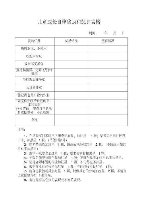 儿童成长自律奖励和惩罚表格