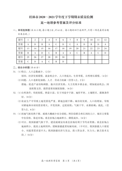 广西桂林市2020-2021学年高一下学期期末质量检测地理试题答案