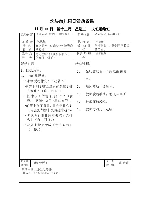 坑头幼儿园2011学年第一学期大七班备课,第13周星期3