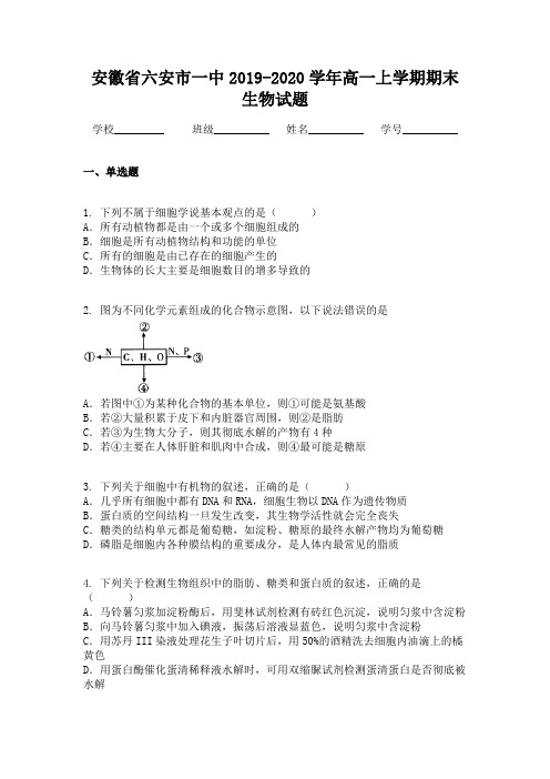 安徽省六安市一中2019-2020学年高一上学期期末生物试题