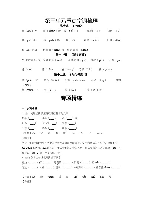 人教版八年级语文上册第三单元重点字词梳理与专项精练(部编版解析版)