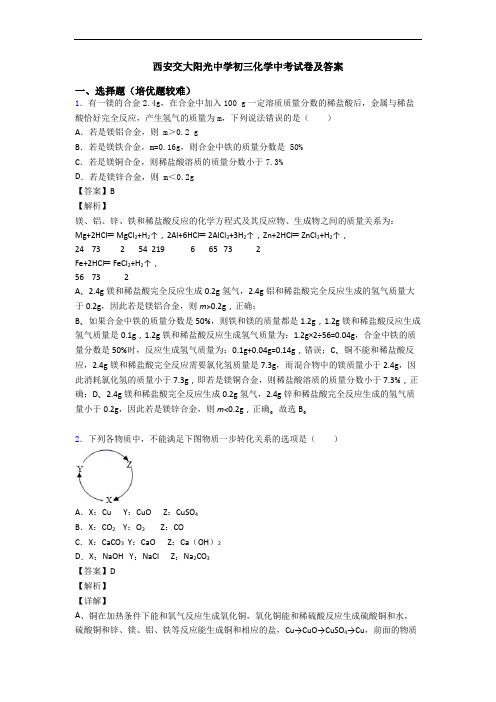西安交大阳光中学初三化学中考试卷及答案
