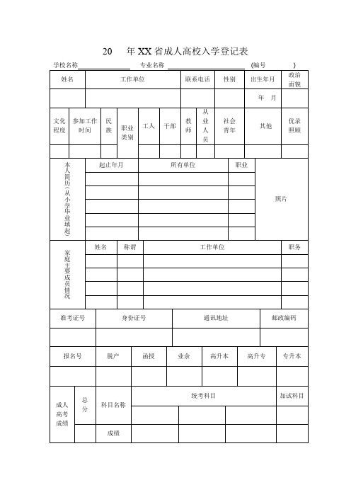 省成人高校入学登记表【模板】