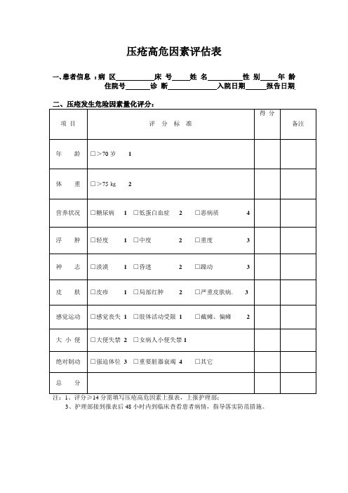 压疮高危因素评估表