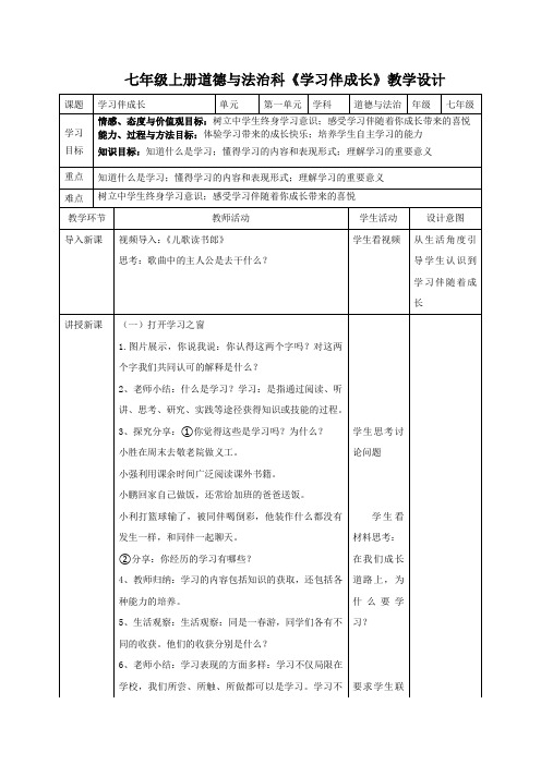 【优选】2019-2020学年七年级部编版道德与法治教案：21学习伴成长(一)共3篇
