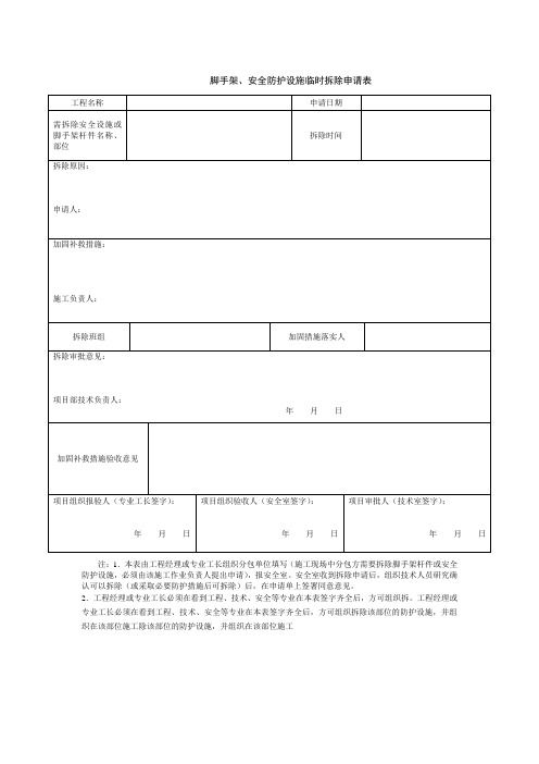 脚手架、安全防护拆除申请表